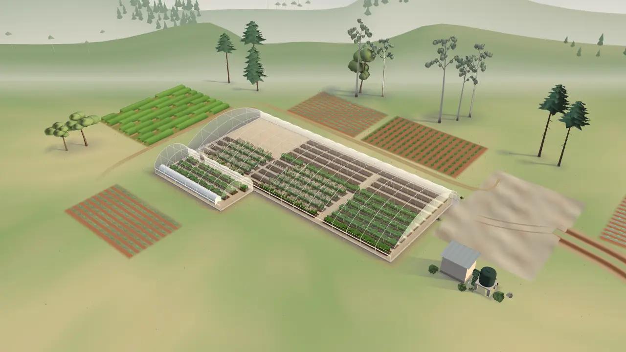 3D model of our chrysanthemum beds from above, with misty hills behind.